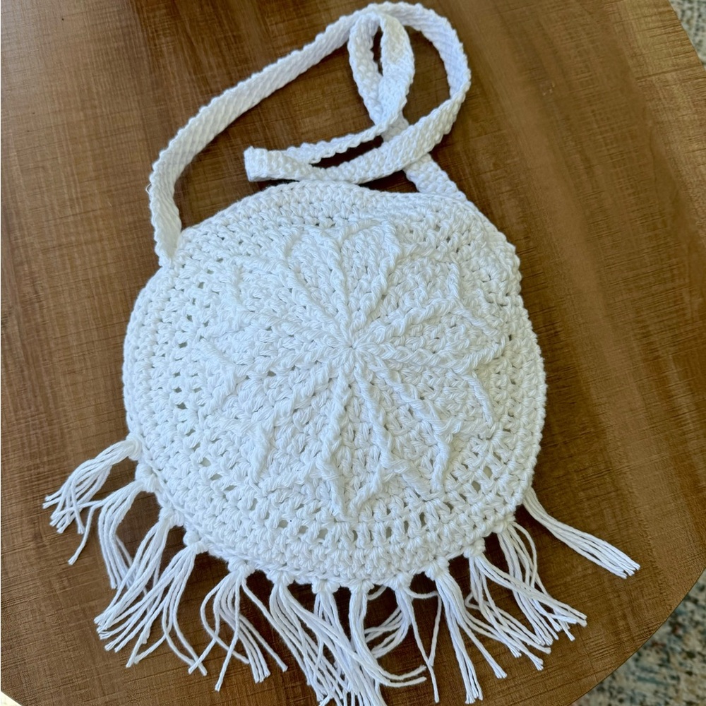 Boho chic crochet round white cotton crossbody bag New